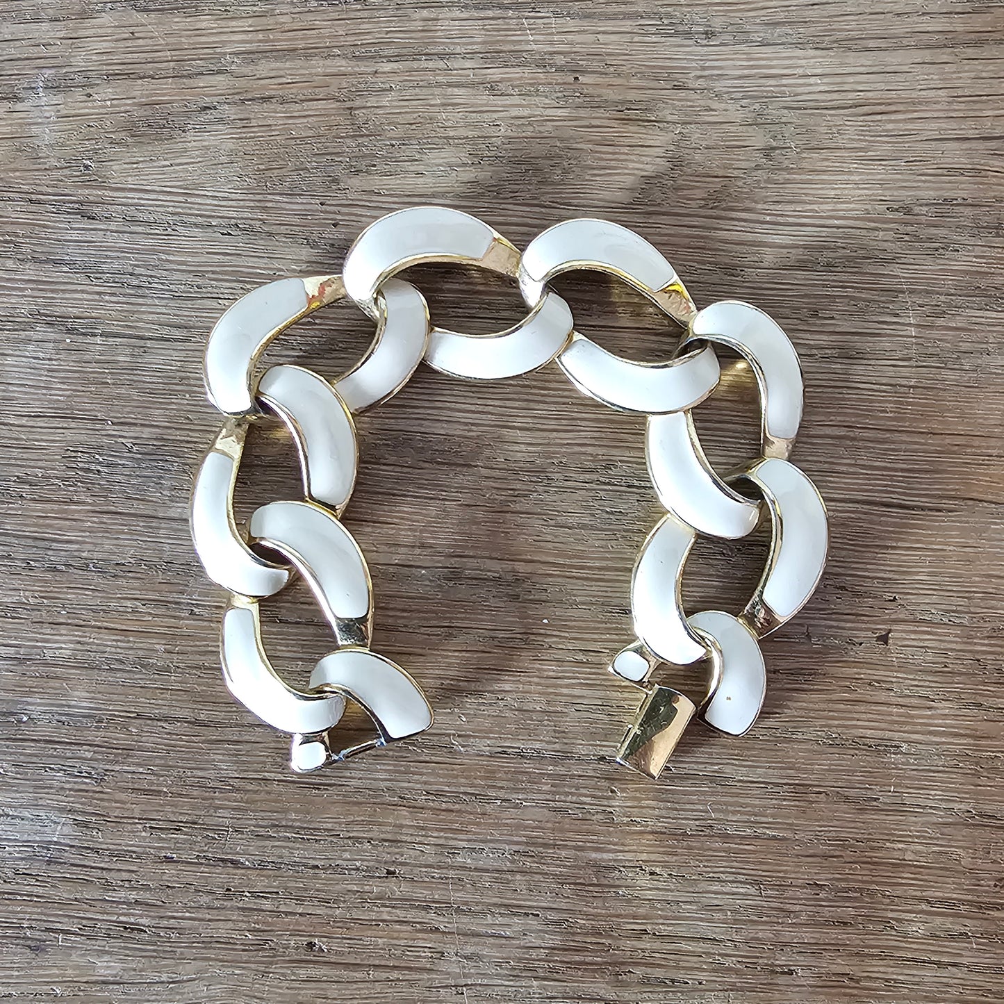 1950s/60s Napier gold-tone & cream enamel chunky link bracelet