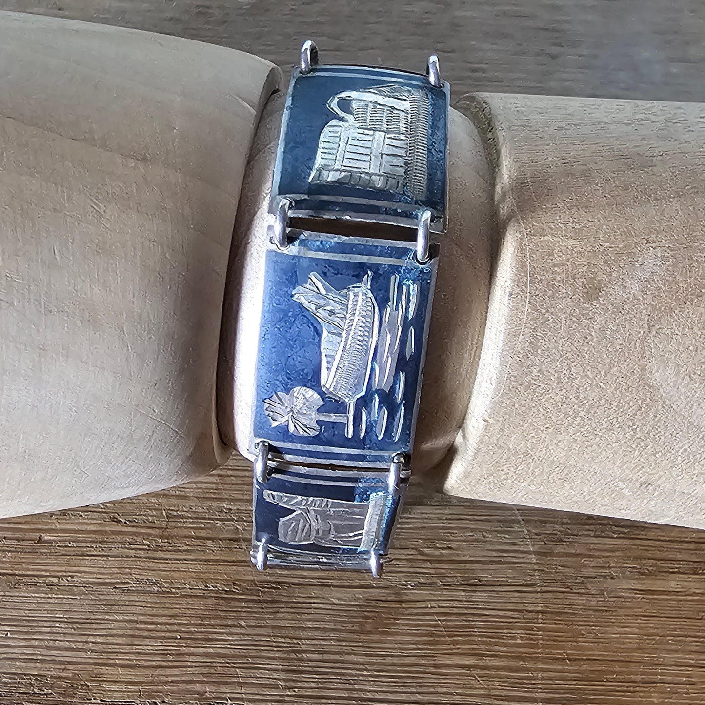 Mid-century Siam Thai silver Niello scenic panel bracelet
