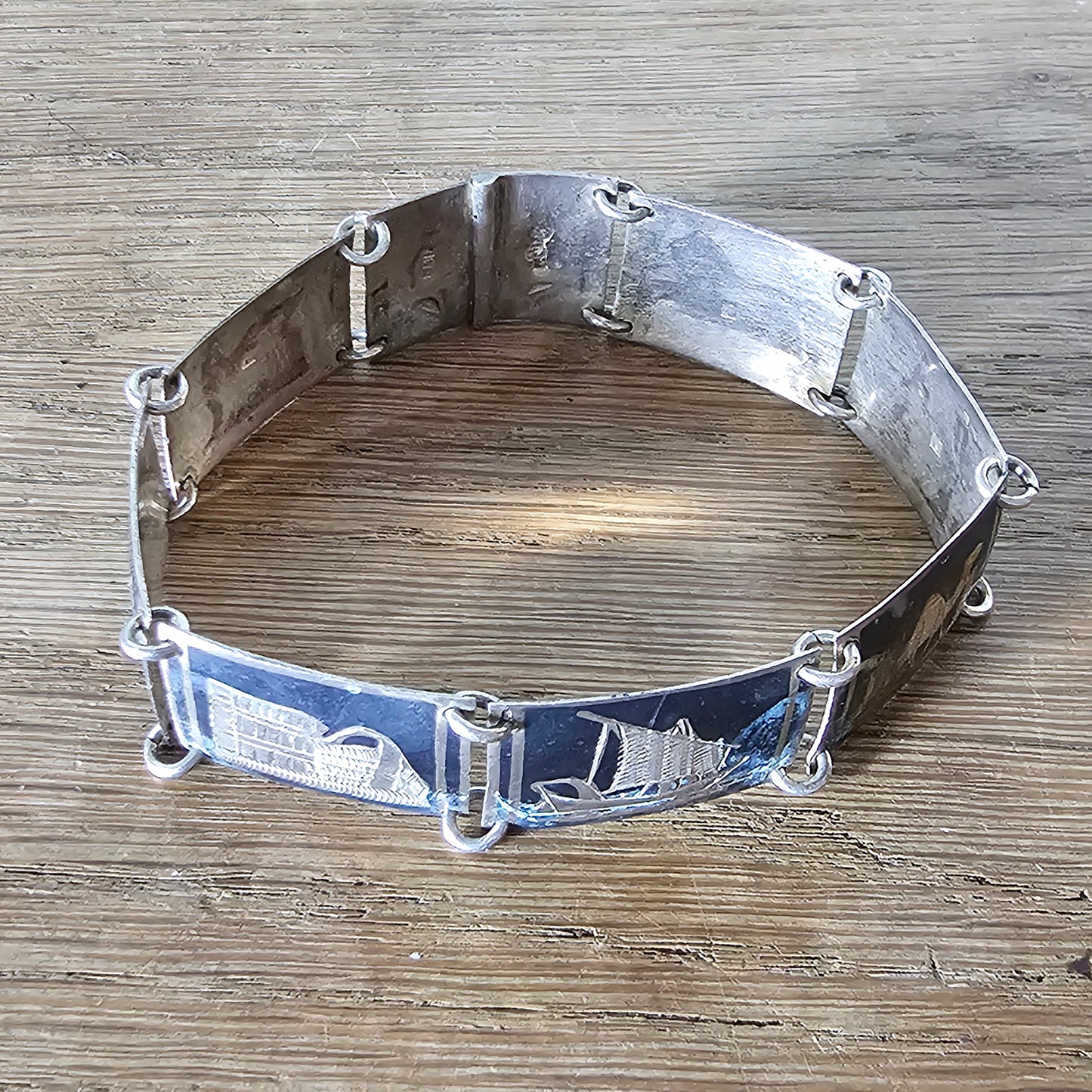 Mid-century Siam Thai silver Niello scenic panel bracelet