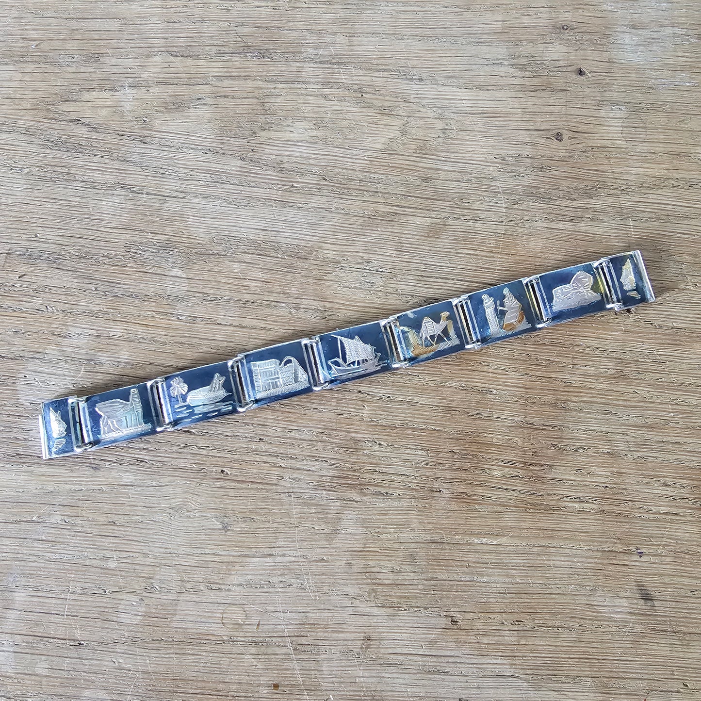 Mid-century Siam Thai silver Niello scenic panel bracelet