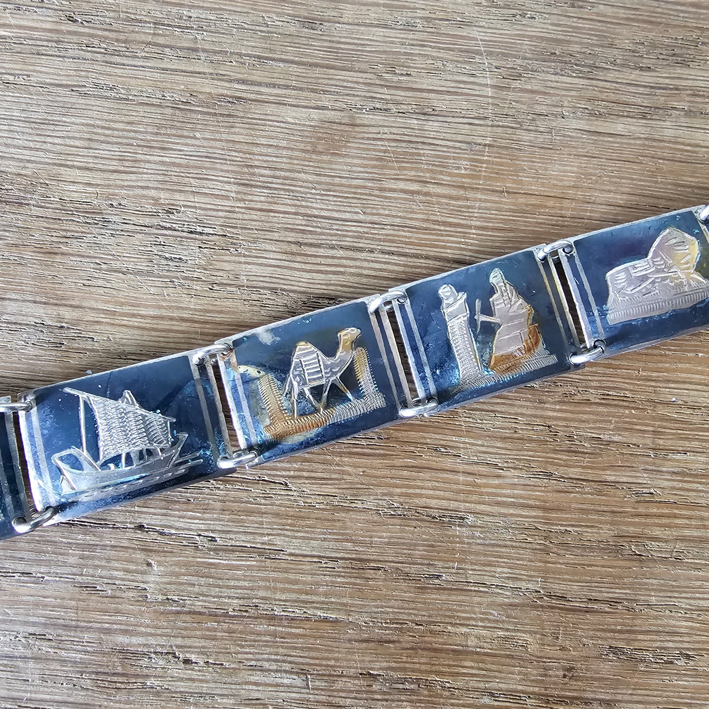 Mid-century Siam Thai silver Niello scenic panel bracelet