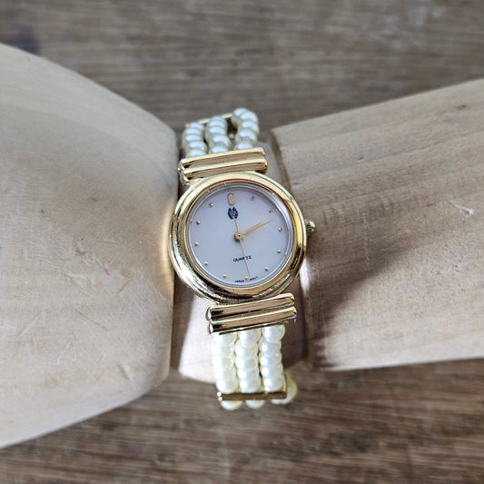 Vintage St Michael gold-tone and faux pearl bracelet Quartz ladies bracelet watch