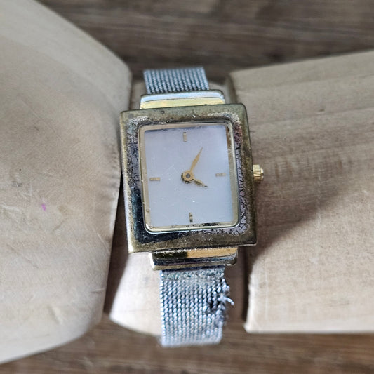 circa. 1990s Marks & Spencer Quartz gold-tone square ladies watch with metal mesh strap
