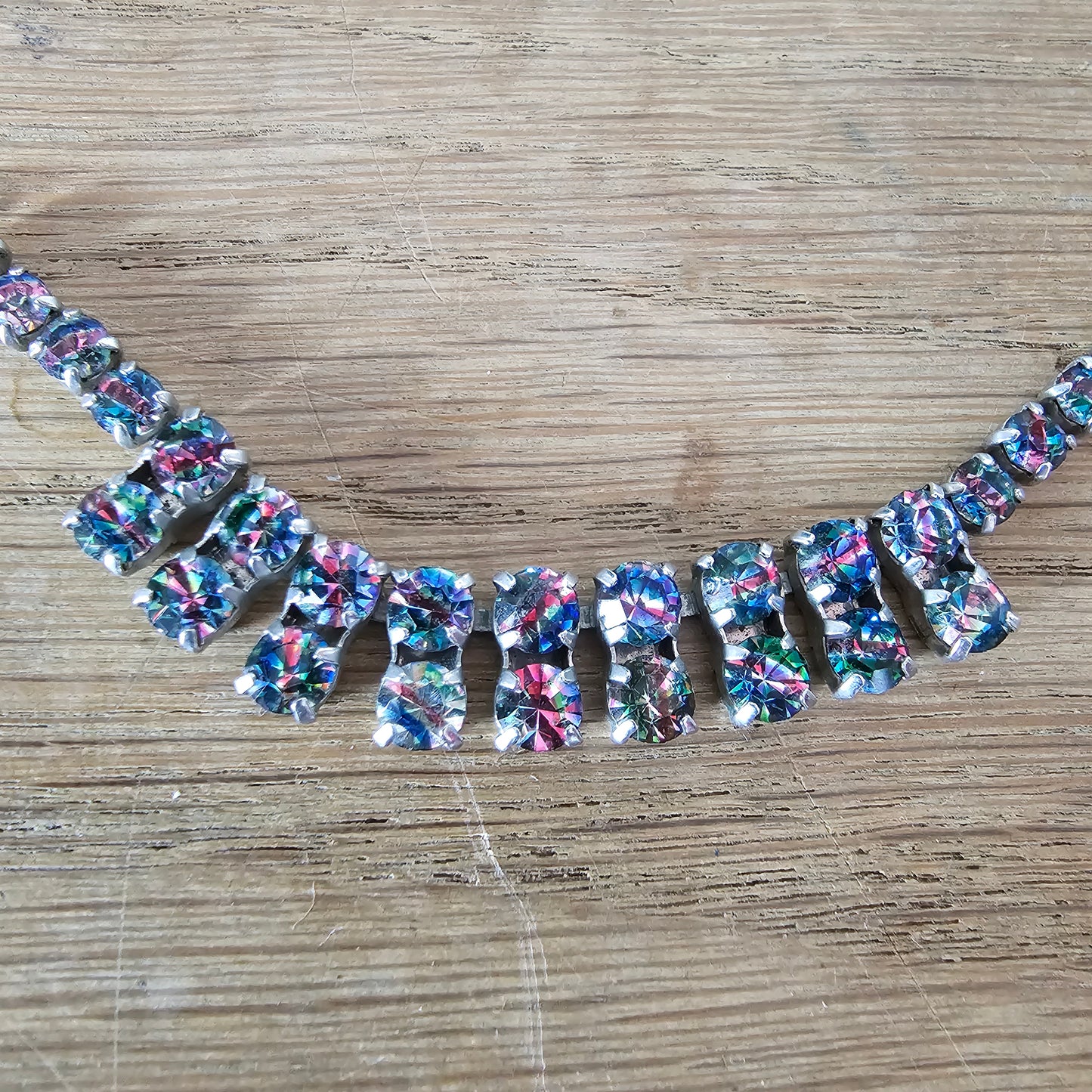 1950s aurora borealis rhinestone diamante drop fringe necklace