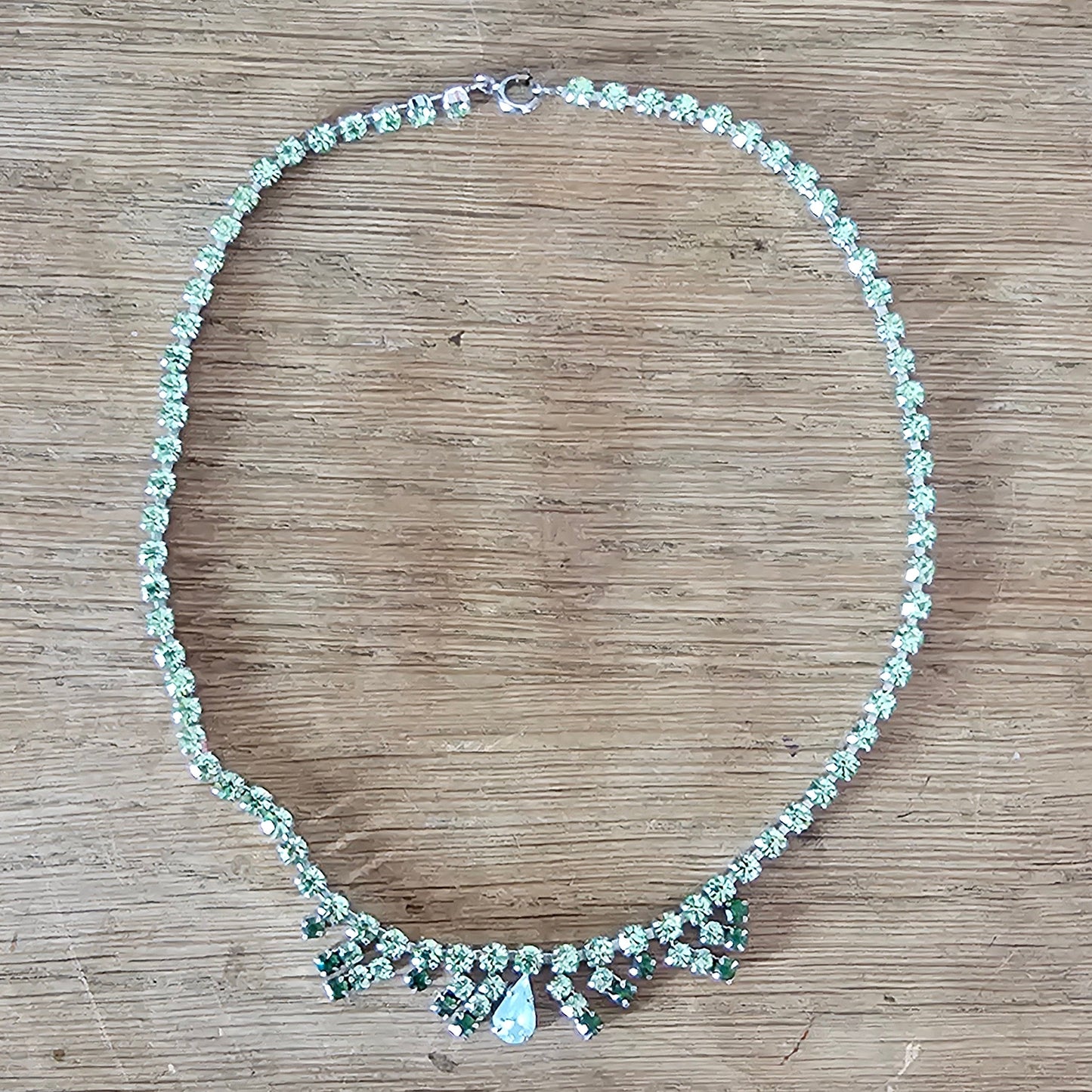 Mid-century green rhinestone necklace with opaline teardrop pendant