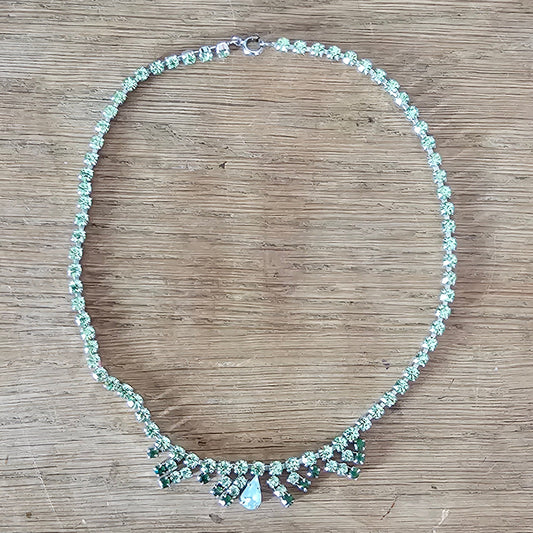 Mid-century green rhinestone necklace with opaline teardrop pendant