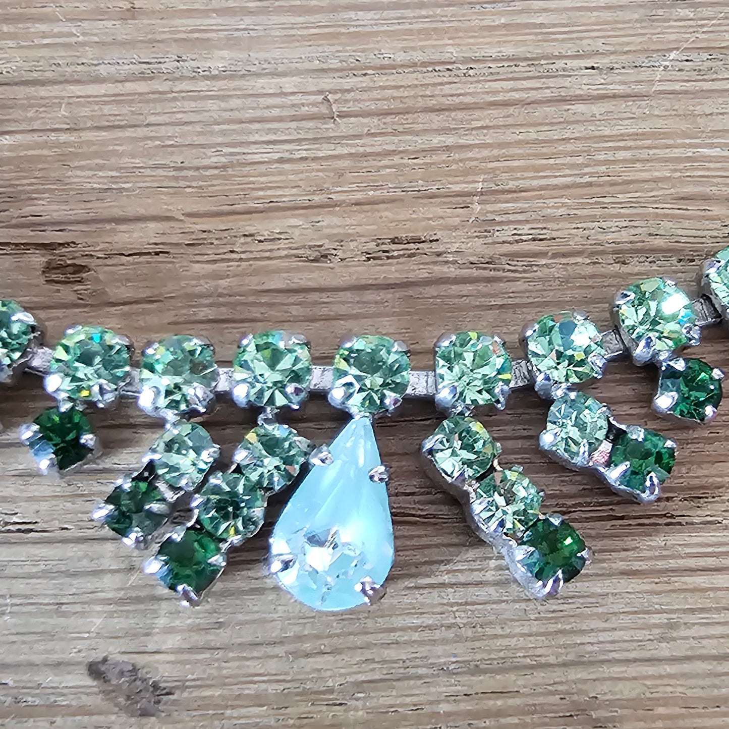 Mid-century green rhinestone necklace with opaline teardrop pendant