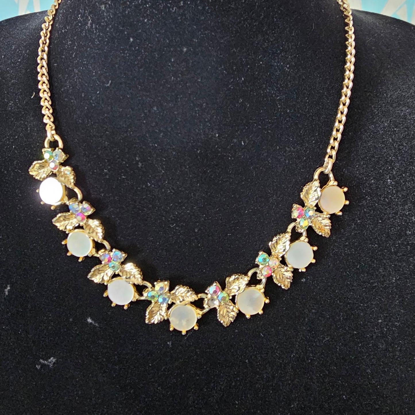 1950s/60s gold-tone & Aurora Borealis rhinestones necklace with Mother of Pearl cabochons