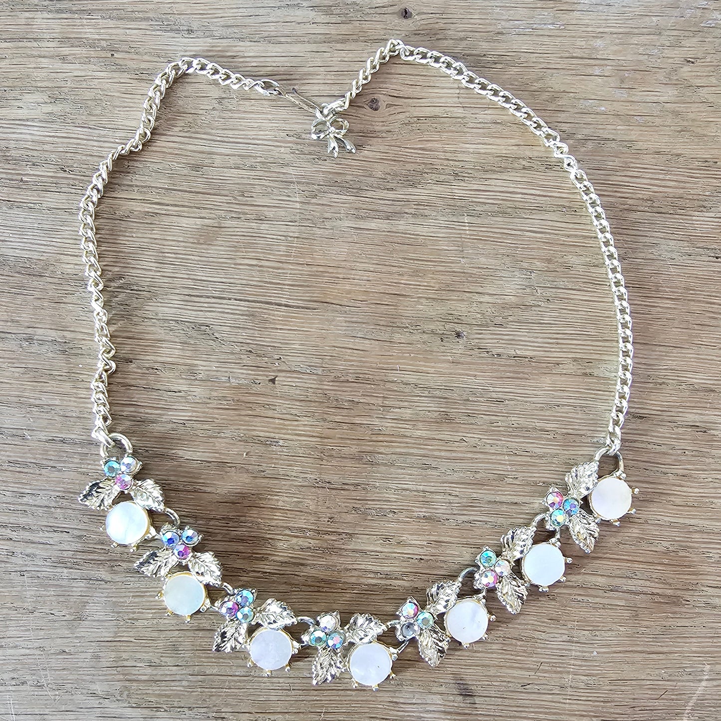 1950s/60s gold-tone & Aurora Borealis rhinestones necklace with Mother of Pearl cabochons