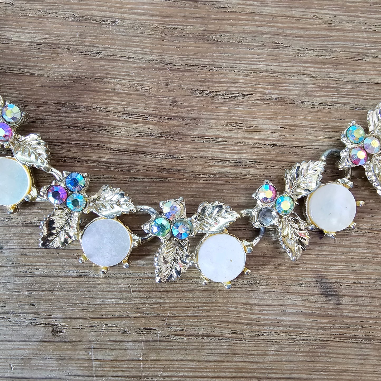 1950s/60s gold-tone & Aurora Borealis rhinestones necklace with Mother of Pearl cabochons