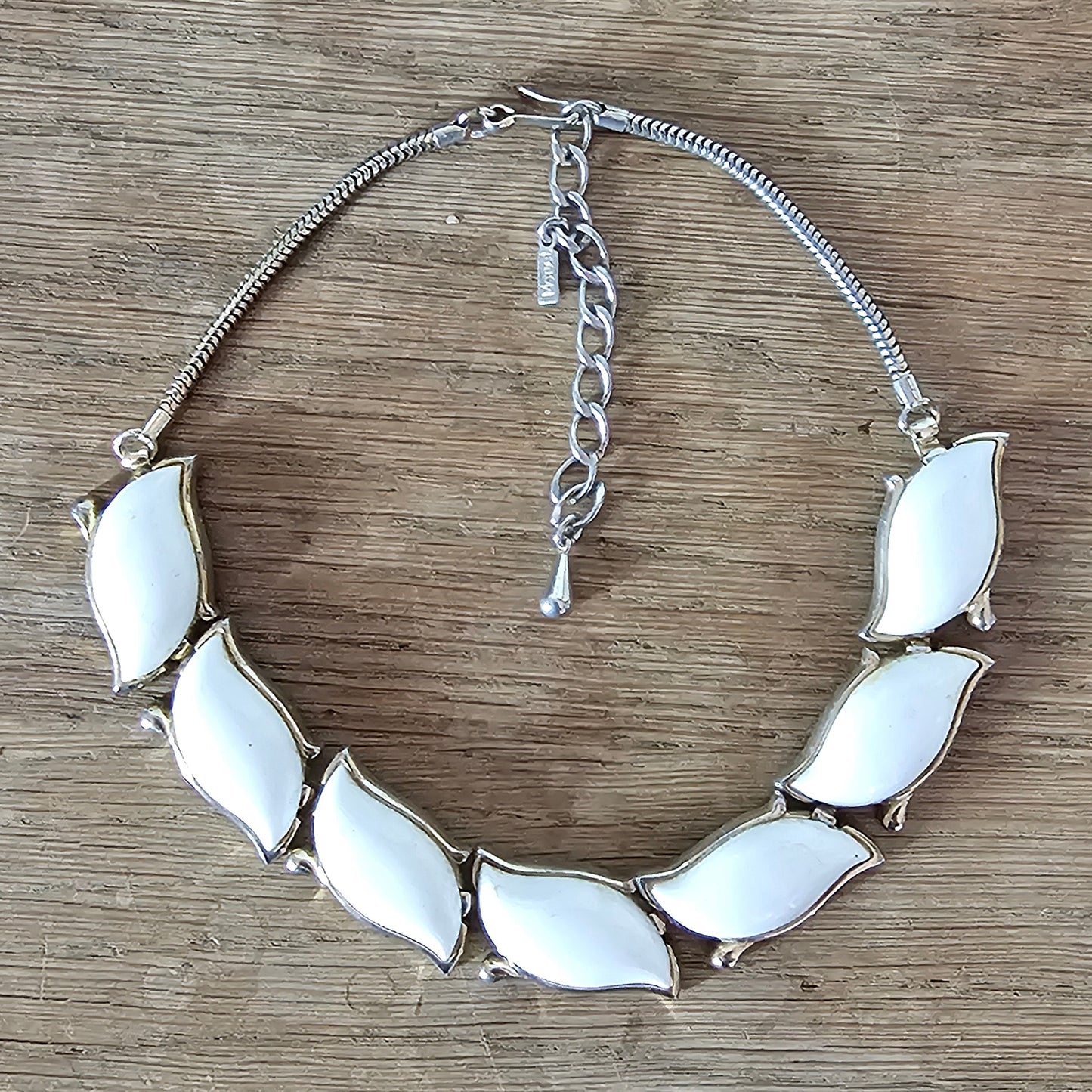 1950s/60s Monet white enamel leaf collar necklace