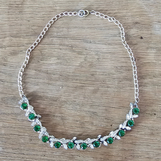 1950s/60s silver-tone green rhinestone leaf garland necklace
