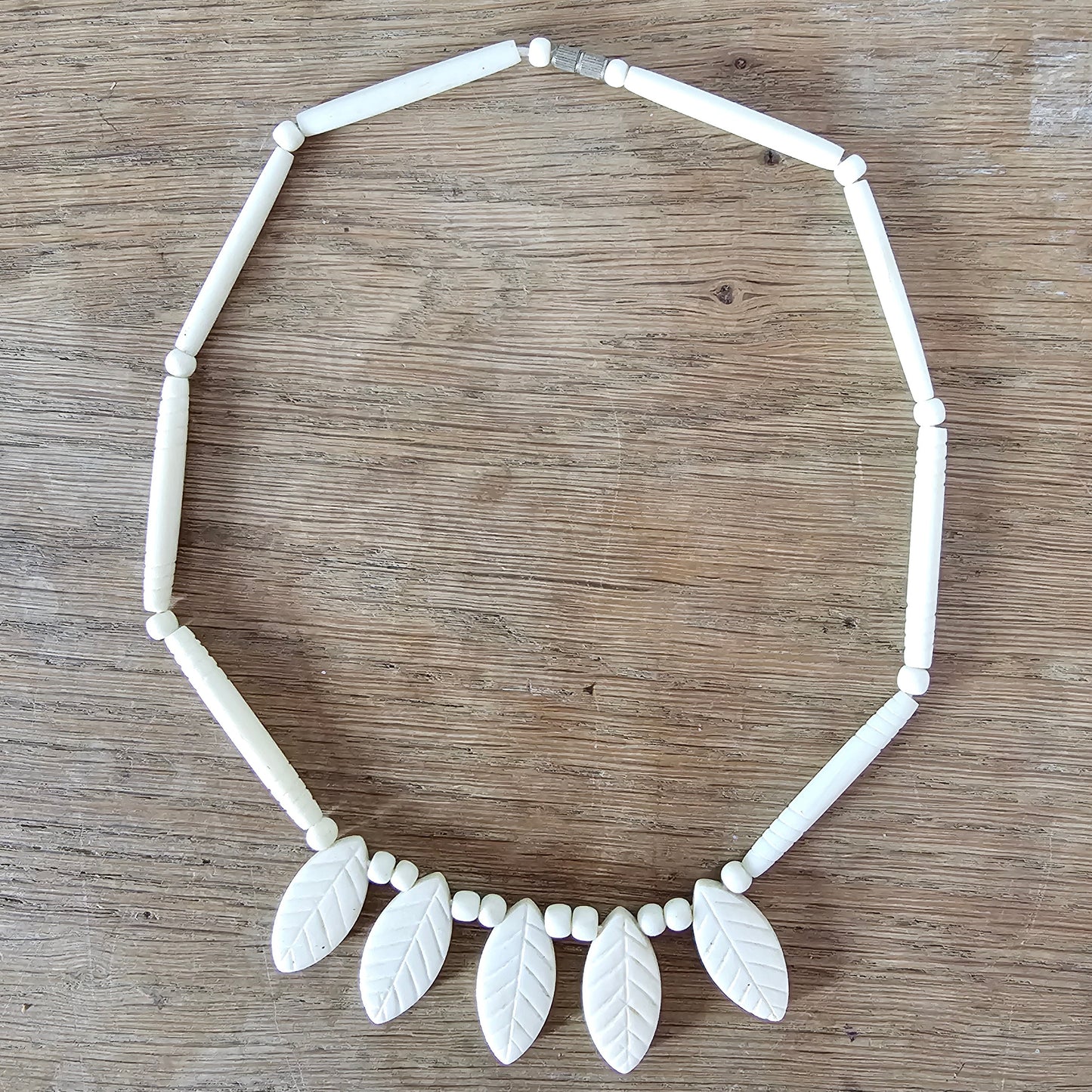 1960s cream carved bone leaf drop necklace