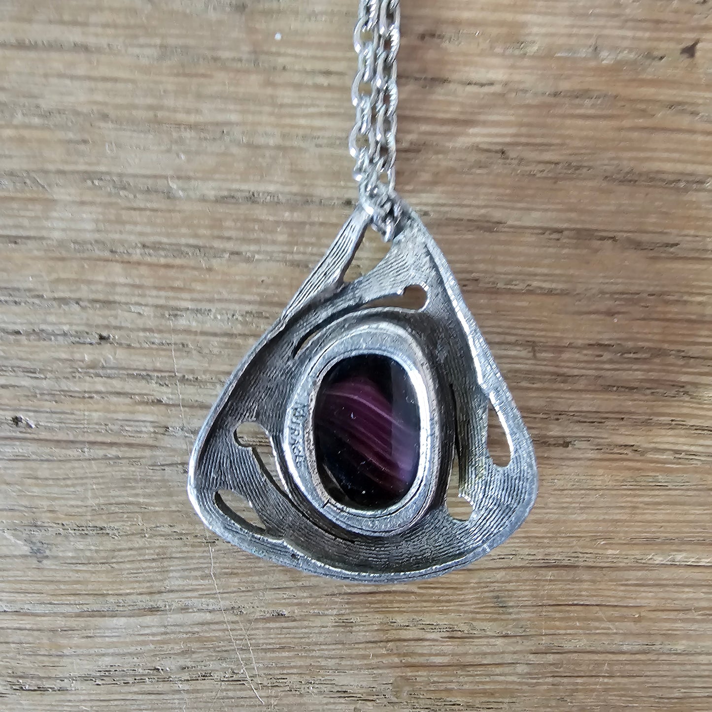 1970s Miracle Celtic-style necklace with purple banded cabochon pendant