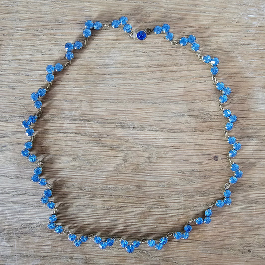 1950s gold-tone & sapphire blue rhinestone prong set necklace