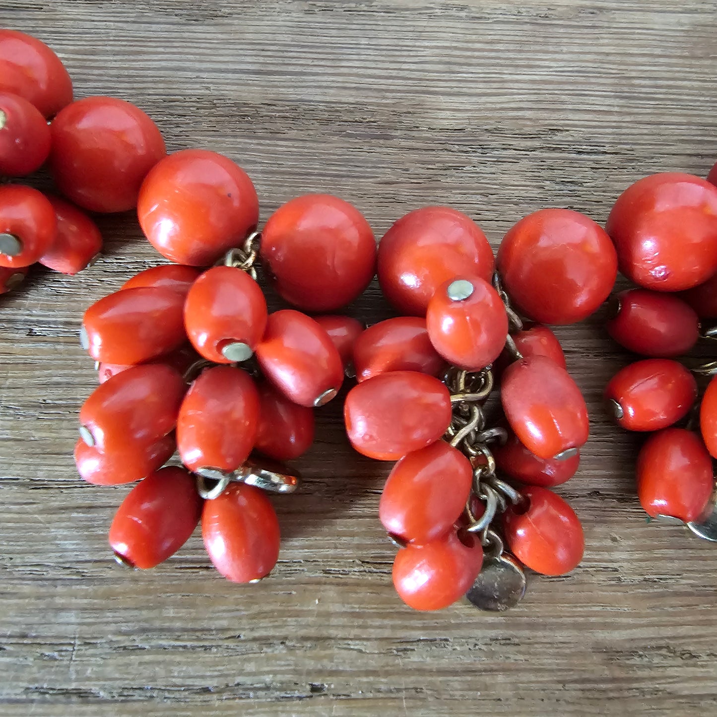 1980s tomato red plastic beaded cluster drop necklace