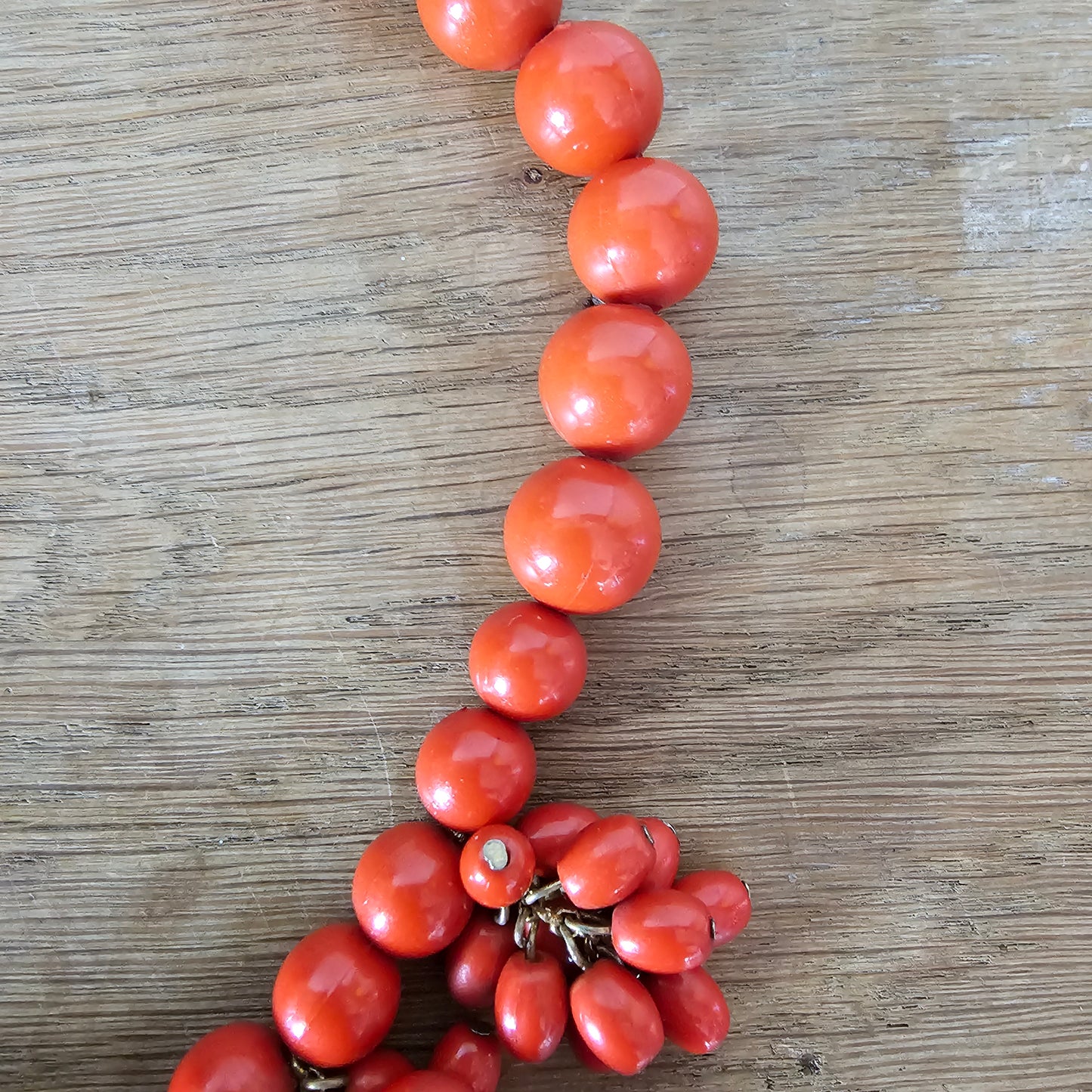 1980s tomato red plastic beaded cluster drop necklace