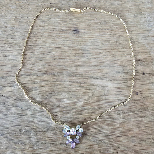 Delicate 1930s/40s violet rhinestone & diamante heart pendant necklace