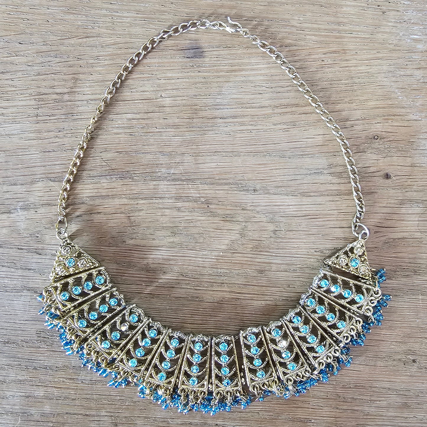 1960s/70s gold-tone & turquoise rhinestone statement bib necklace
