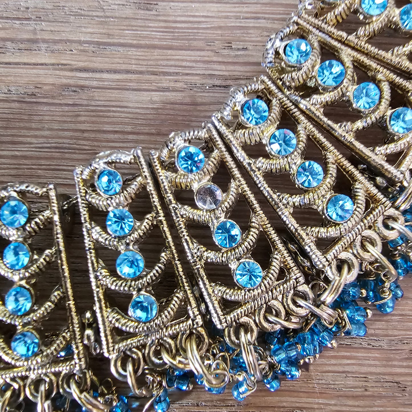 1960s/70s gold-tone & turquoise rhinestone statement bib necklace