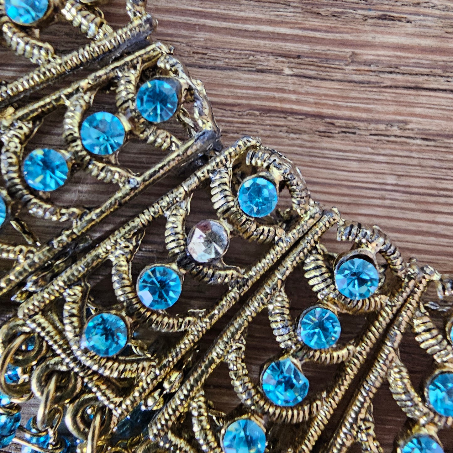 1960s/70s gold-tone & turquoise rhinestone statement bib necklace