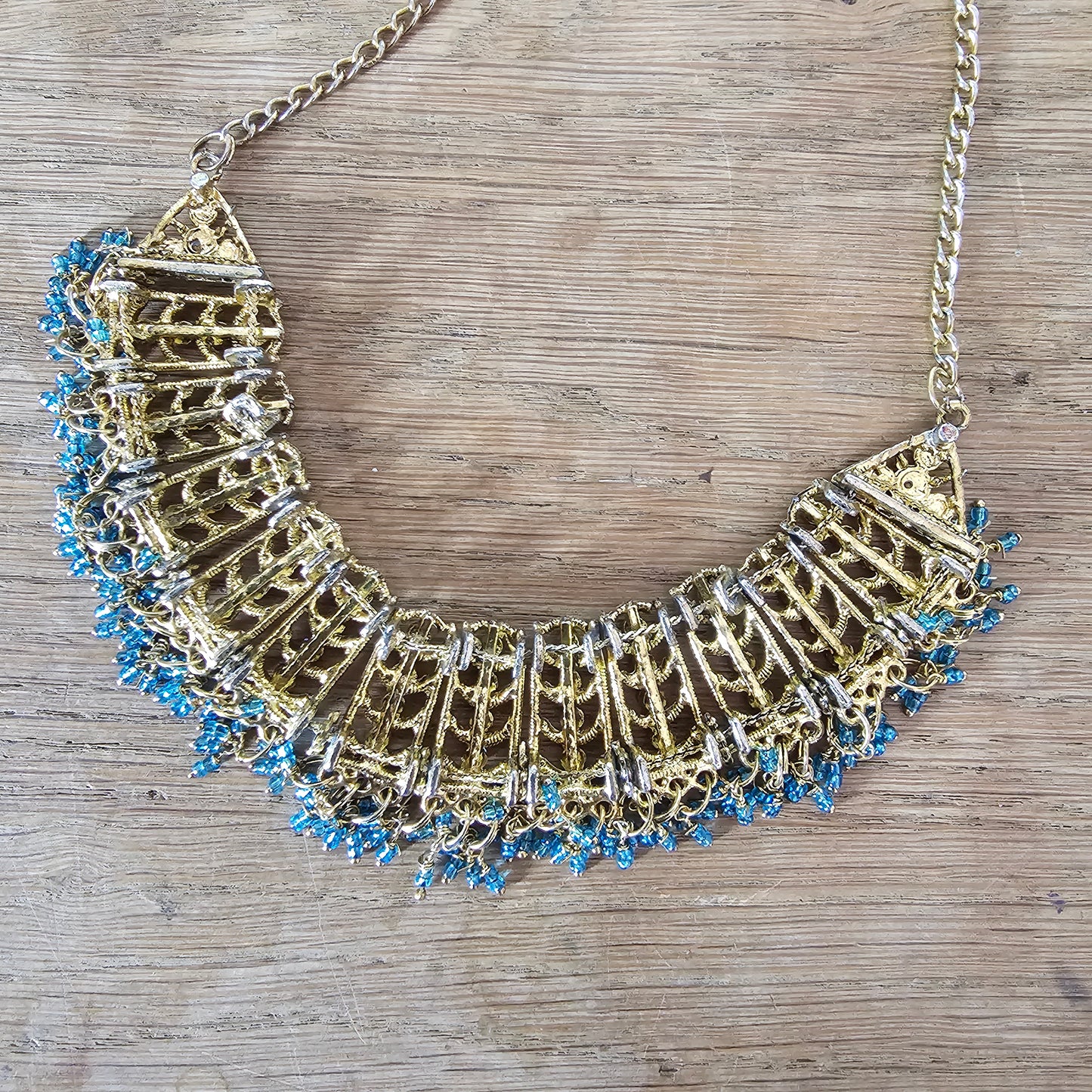 1960s/70s gold-tone & turquoise rhinestone statement bib necklace