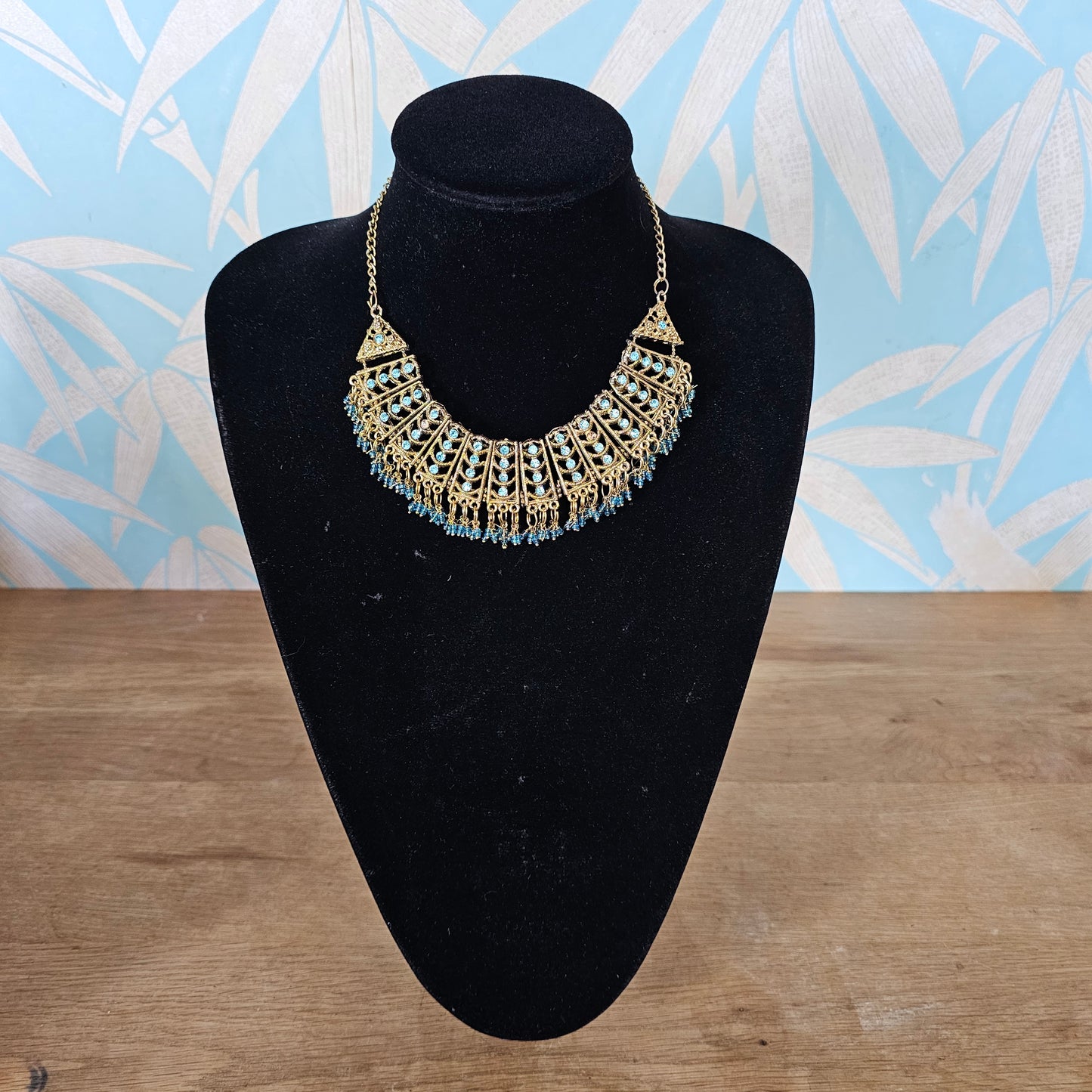 1960s/70s gold-tone & turquoise rhinestone statement bib necklace