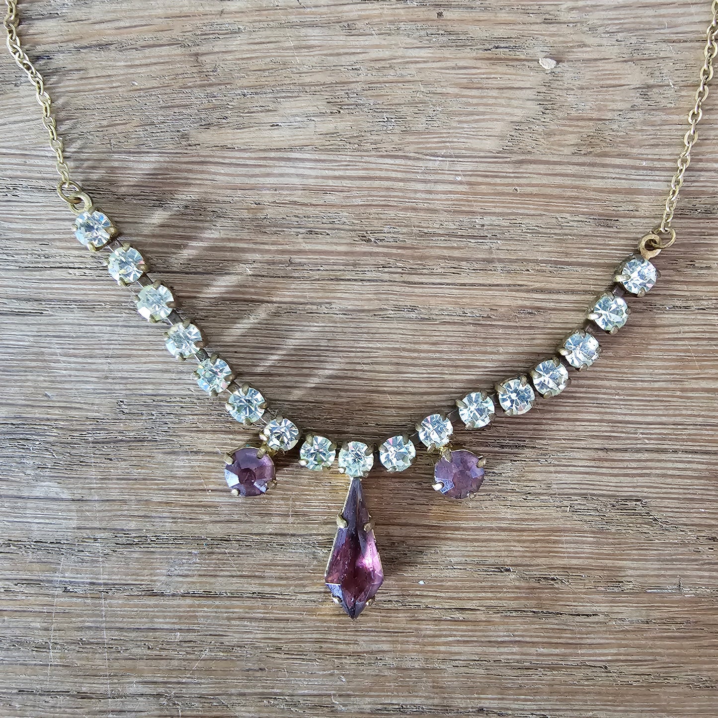 circa. 1950s amethyst & clear rhinestone drop necklace
