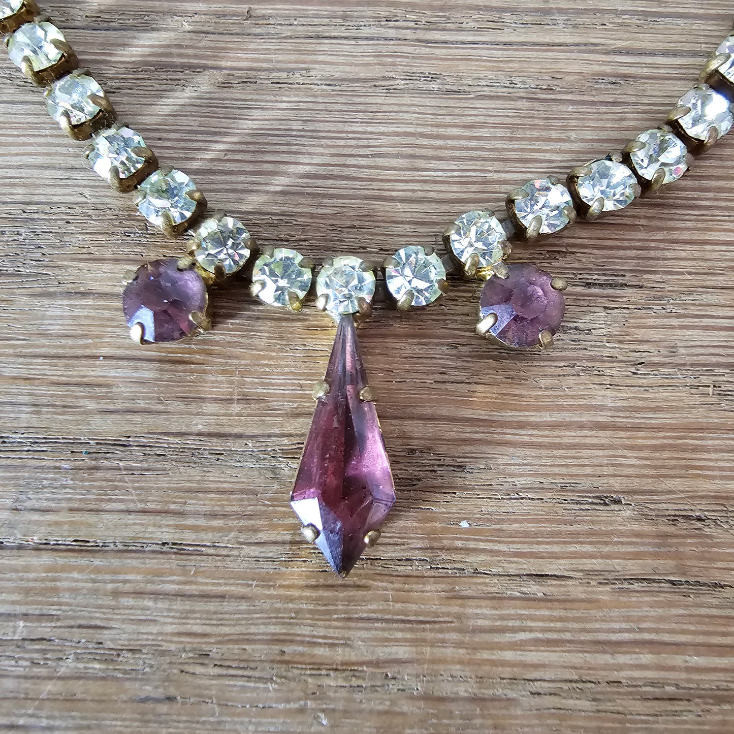 circa. 1950s amethyst & clear rhinestone drop necklace