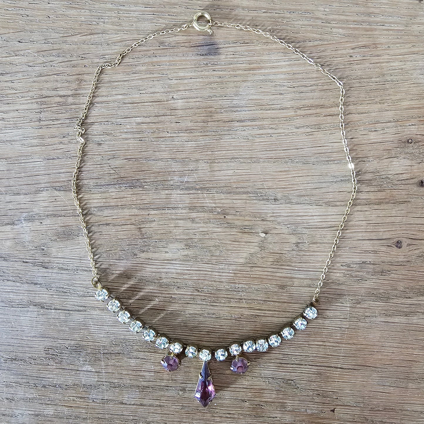 circa. 1950s amethyst & clear rhinestone drop necklace