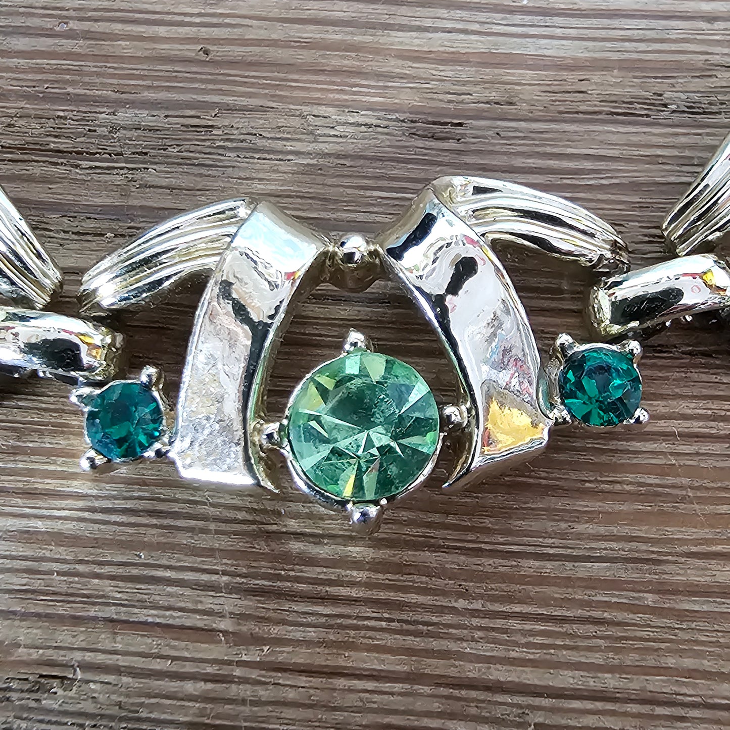 Mid-century blue & green crystal abstract link necklace