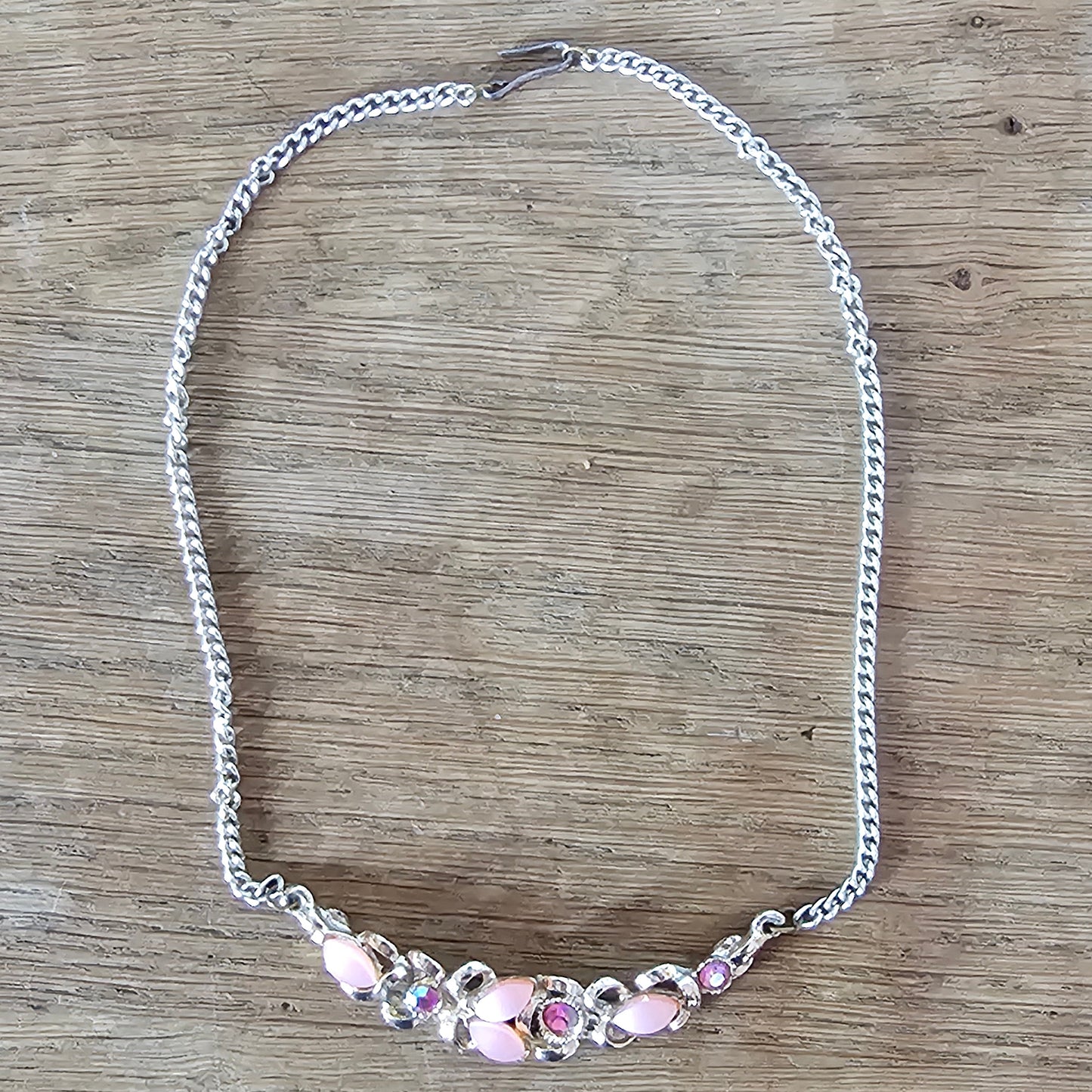 1950s pink Lucite & Aurora Borealis crystal floral necklace