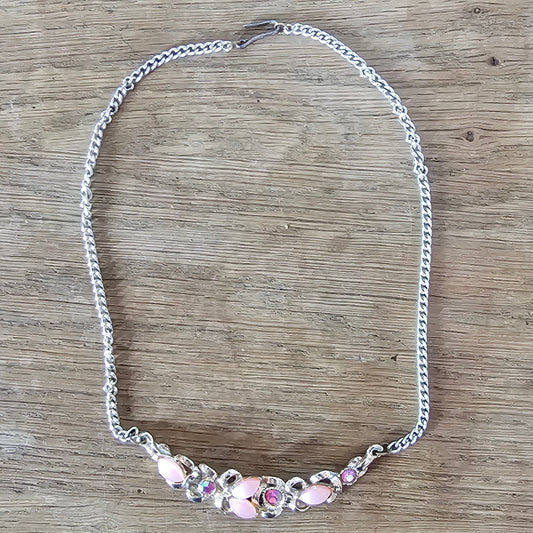 1950s pink Lucite & Aurora Borealis crystal floral necklace