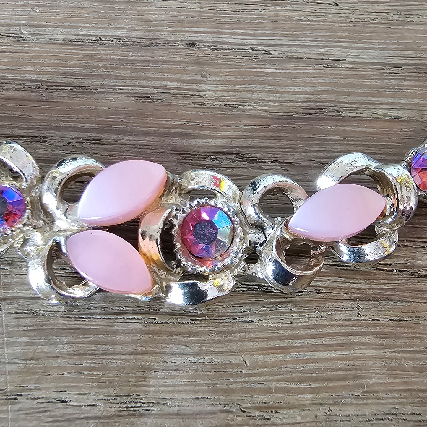 1950s pink Lucite & Aurora Borealis crystal floral necklace
