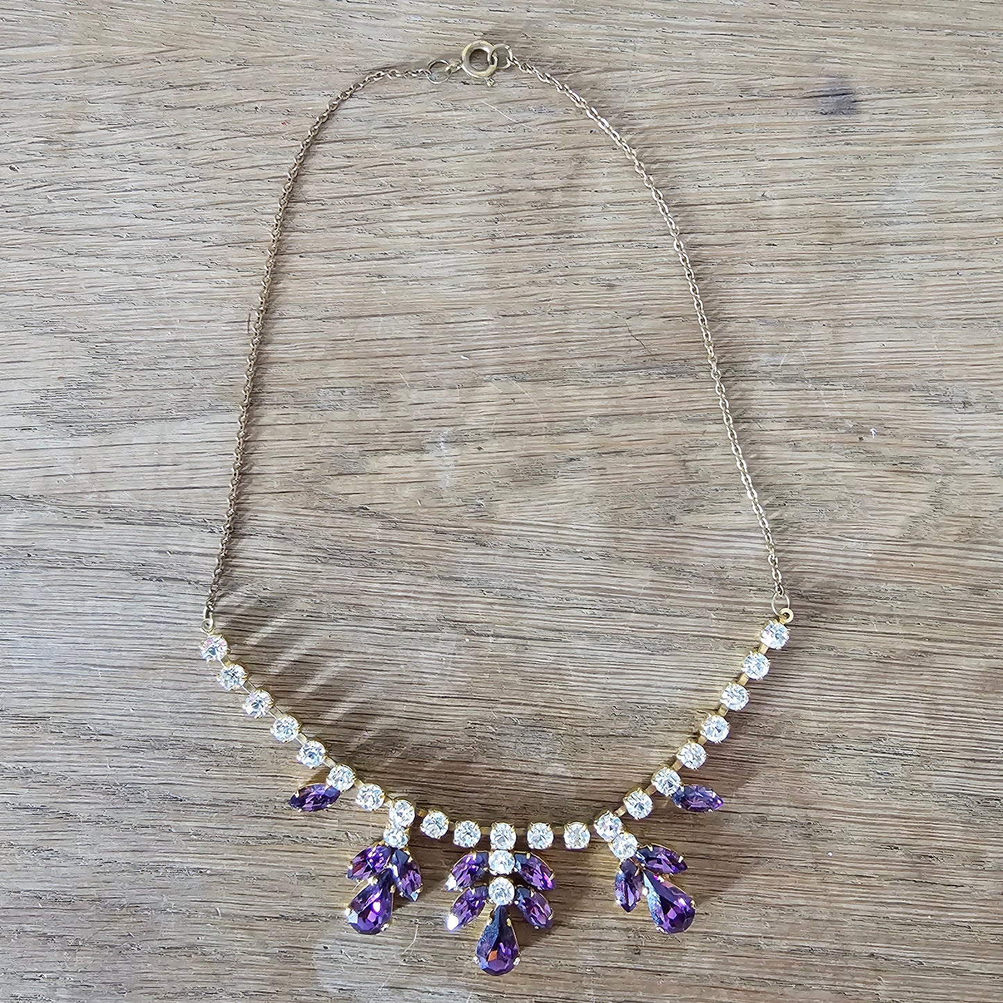 1950s purple rhinestone statement necklace & clip-on earrings set