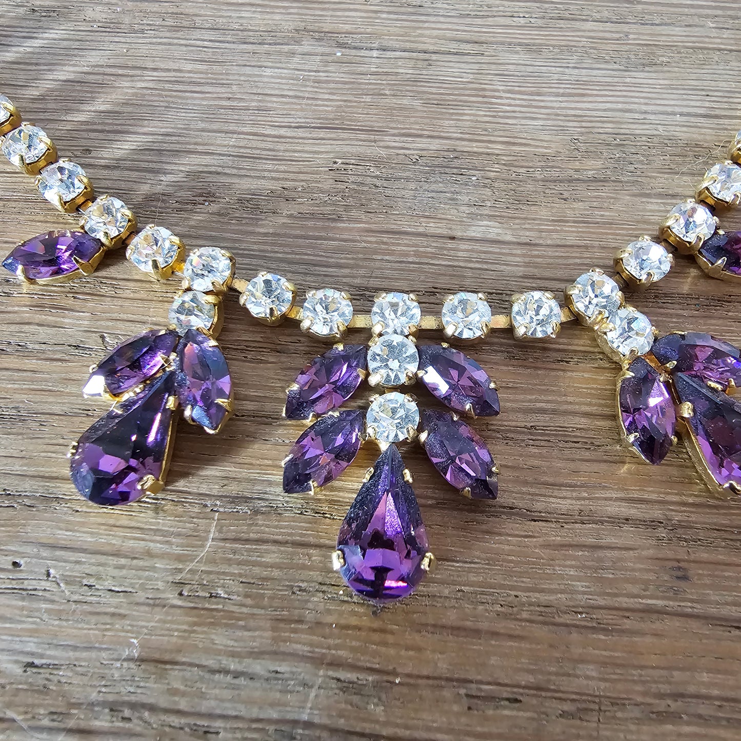 1950s purple rhinestone statement necklace & clip-on earrings set