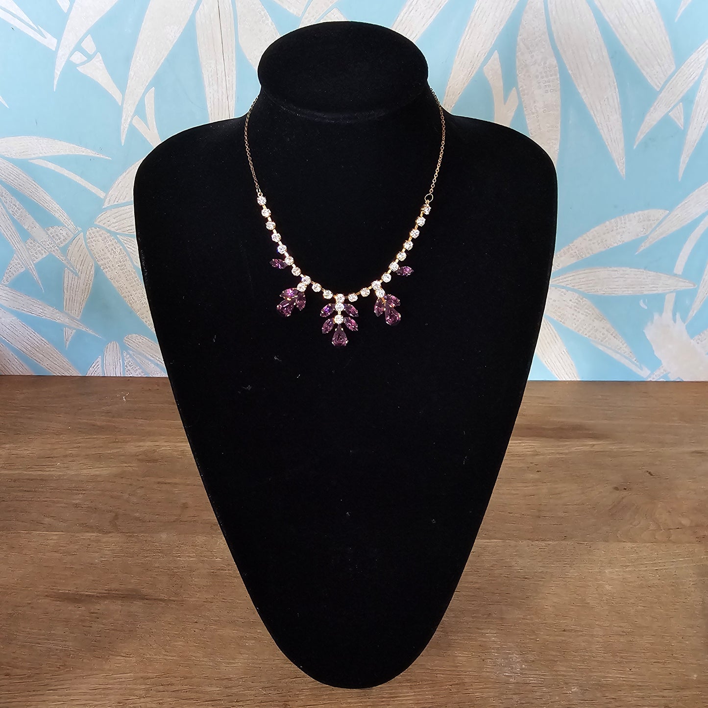 1950s purple rhinestone statement necklace & clip-on earrings set