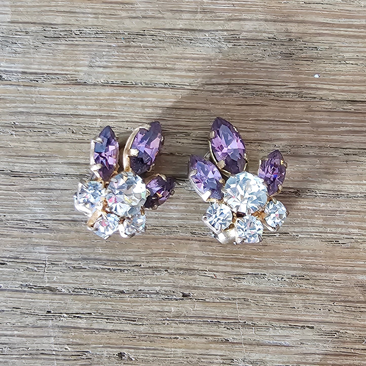 1950s purple rhinestone statement necklace & clip-on earrings set
