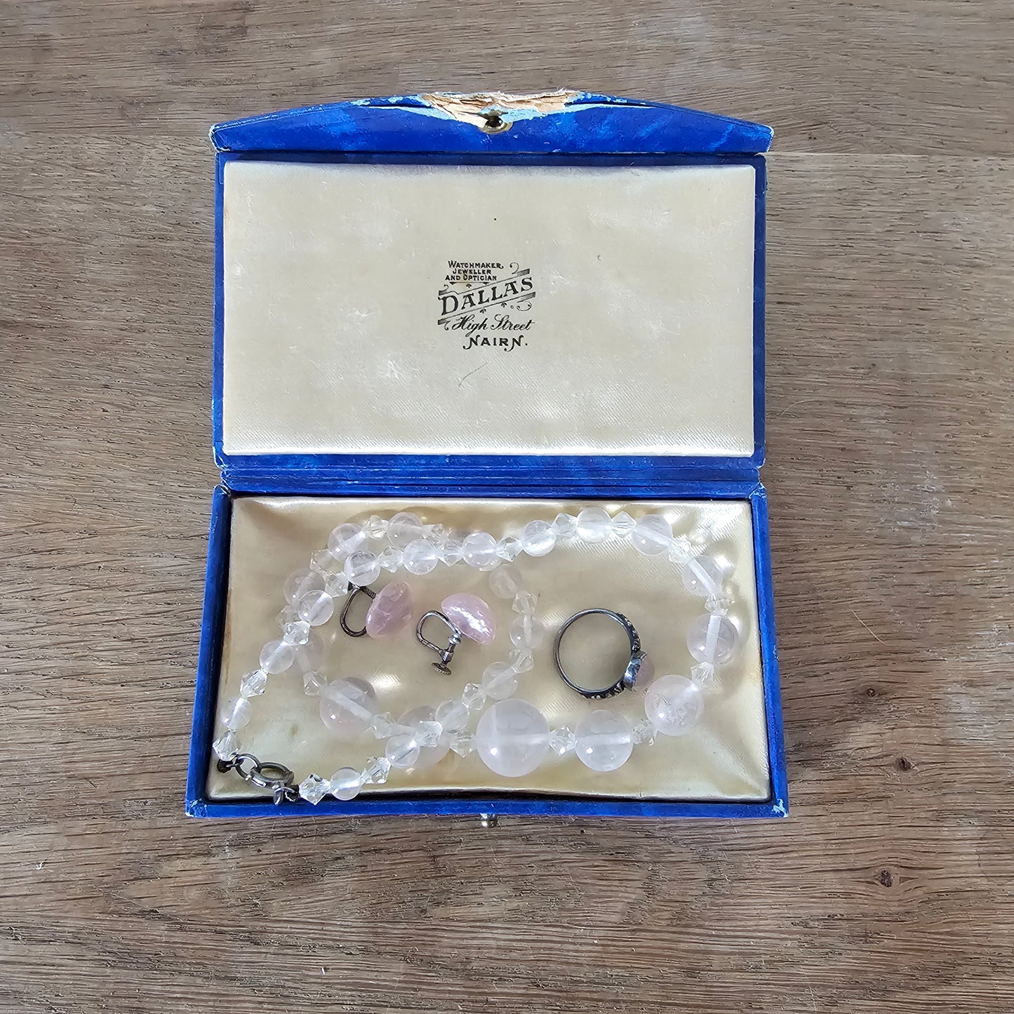 1950s/60s rose quartz bead necklace with matching ring and earrings set