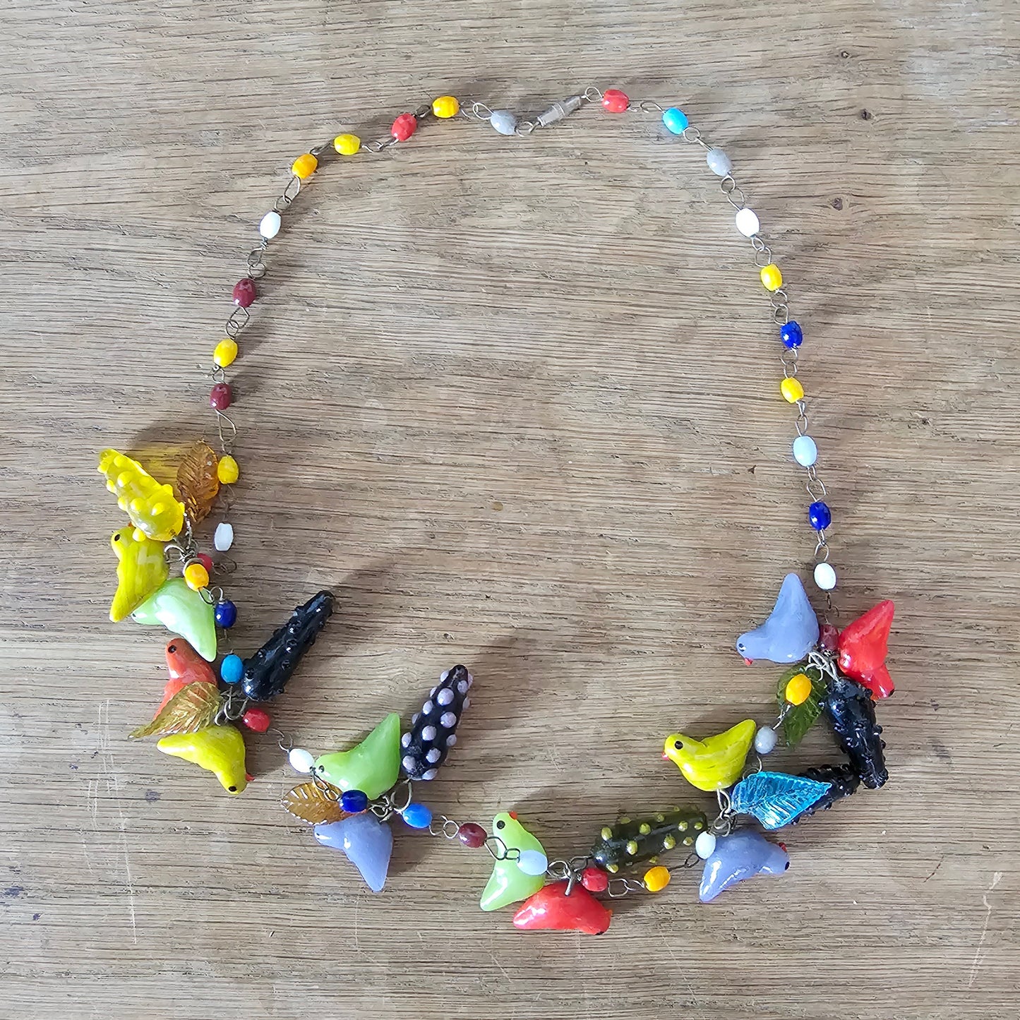 1960s colourful lampwork glass bird and fruit necklace