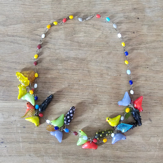 1960s colourful lampwork glass bird and fruit necklace