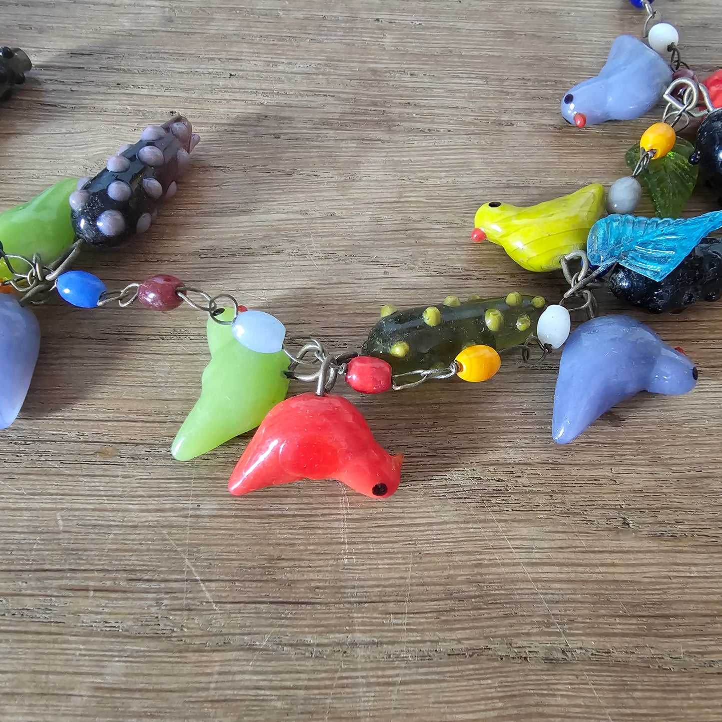1960s colourful lampwork glass bird and fruit necklace
