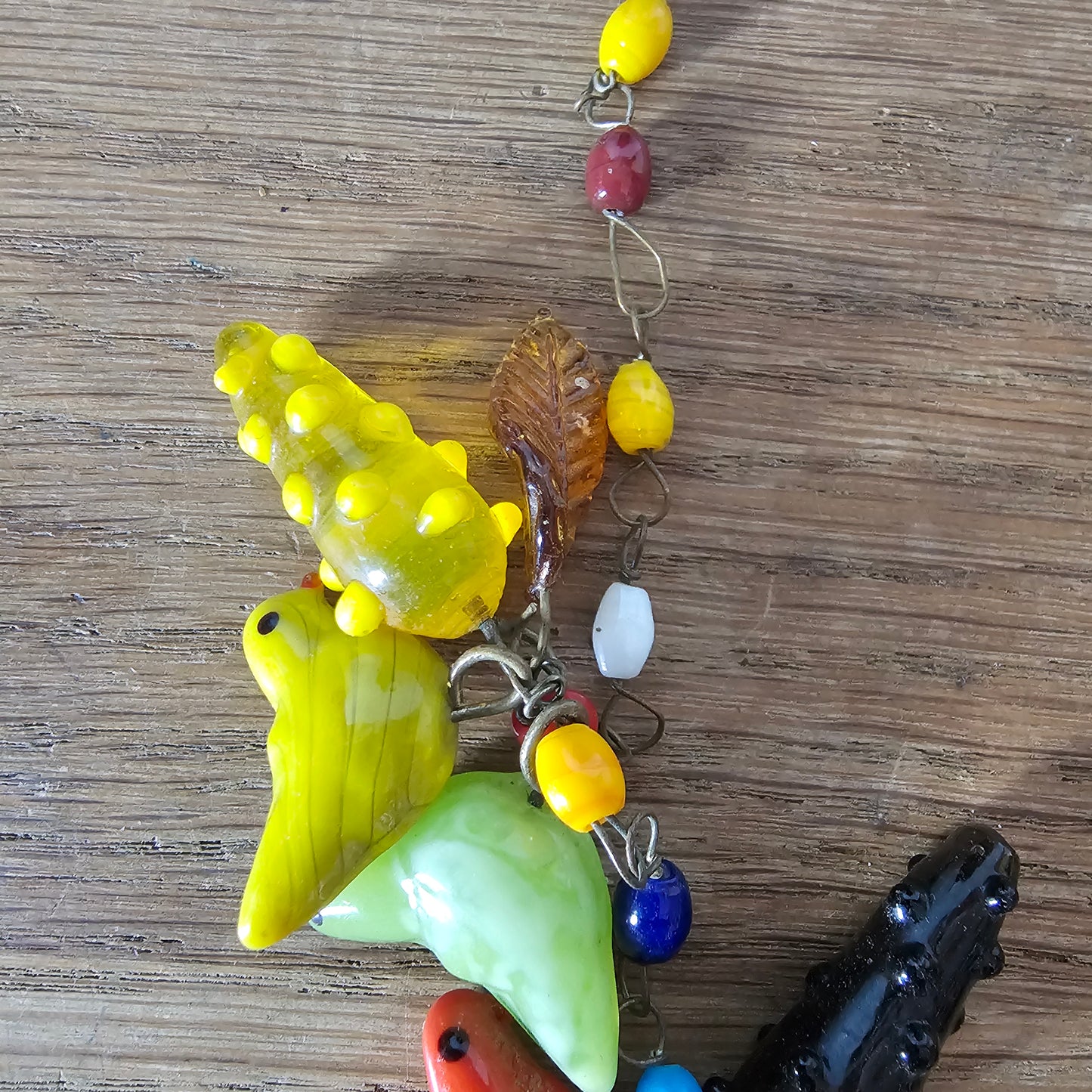 1960s colourful lampwork glass bird and fruit necklace