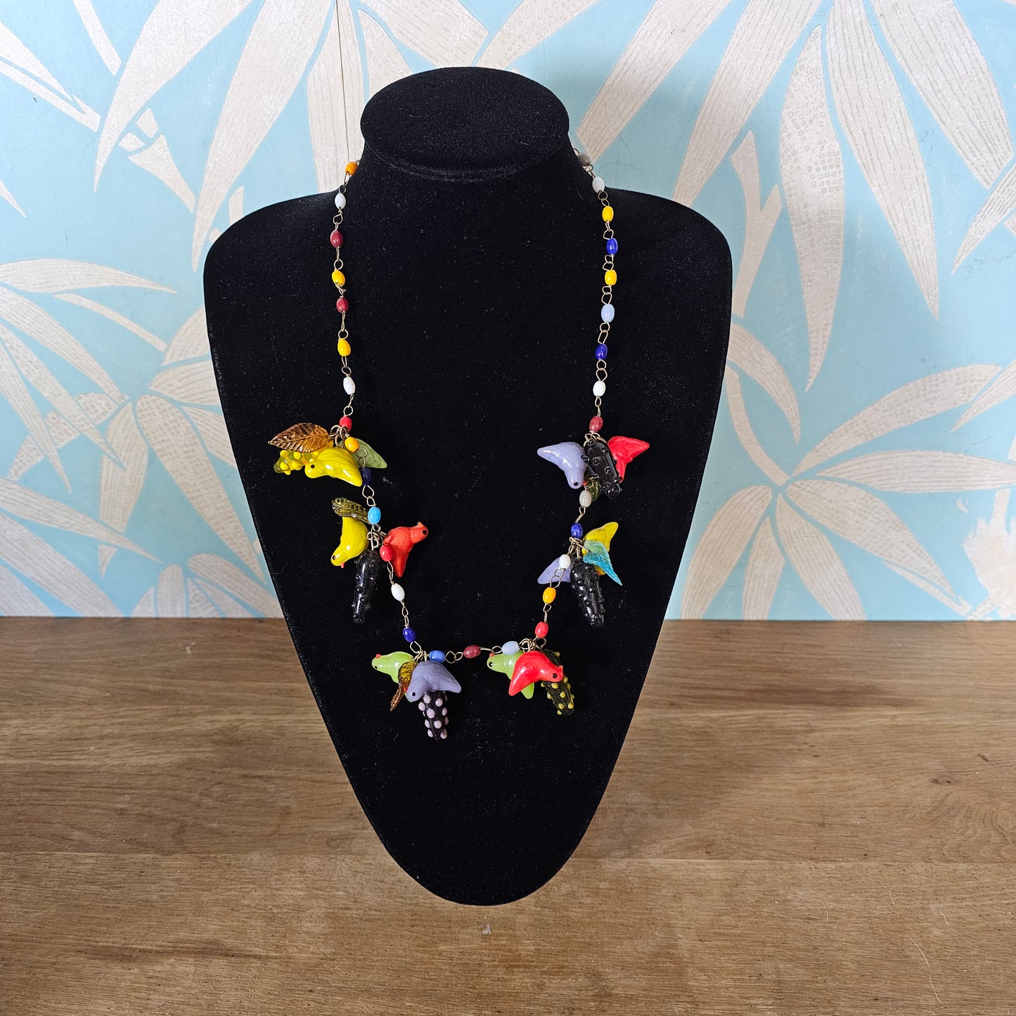 1960s colourful lampwork glass bird and fruit necklace
