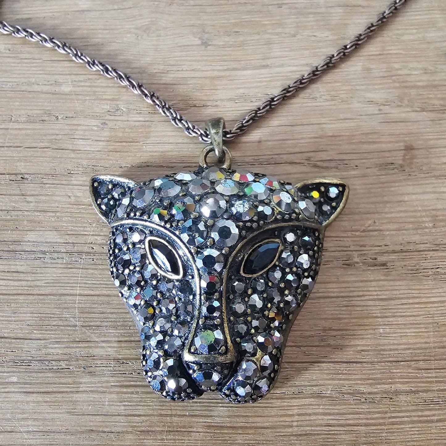 1980s black rhinestone panther head pendant necklace
