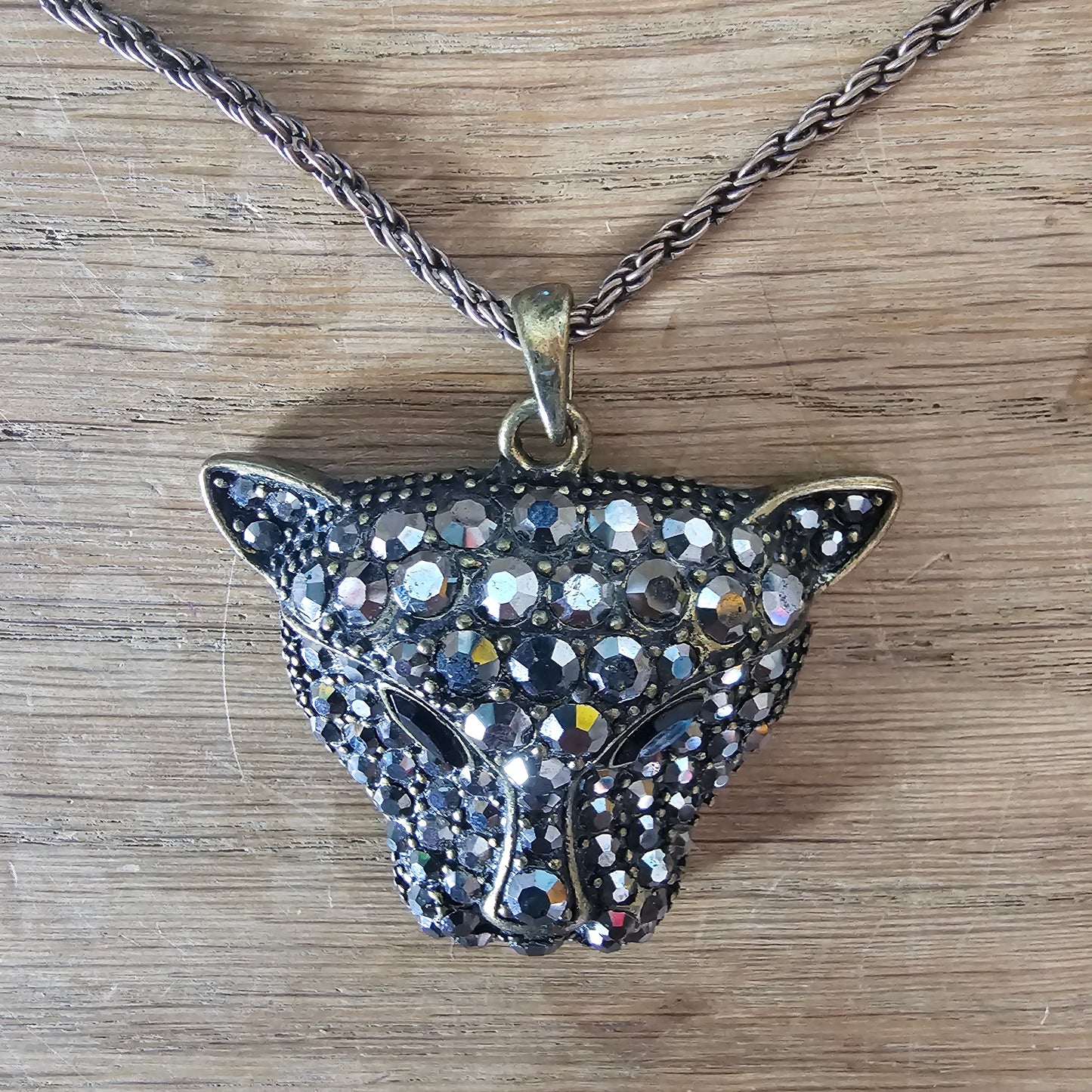 1980s black rhinestone panther head pendant necklace