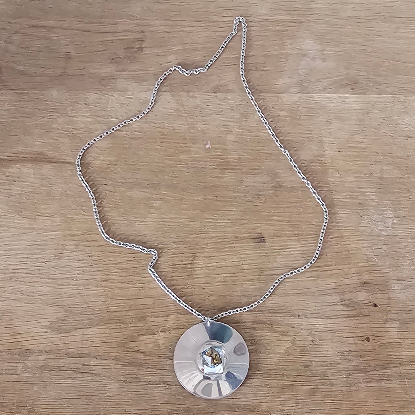 1970s stainless steel modernist pendant necklace with cube-cut crystal centre