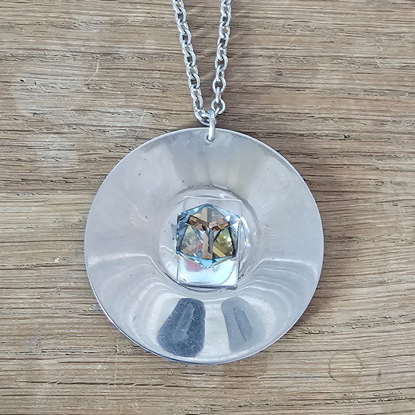 1970s stainless steel modernist pendant necklace with cube-cut crystal centre