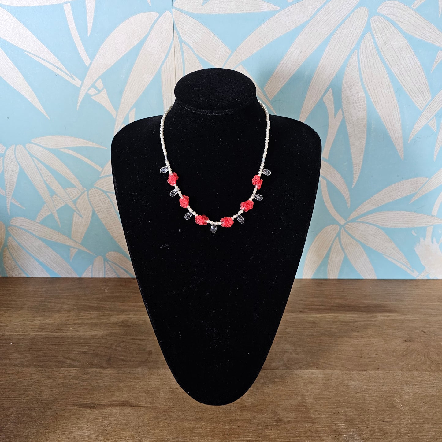 Vintage faux pearl & red plastic flower necklace with faux crystal drops
