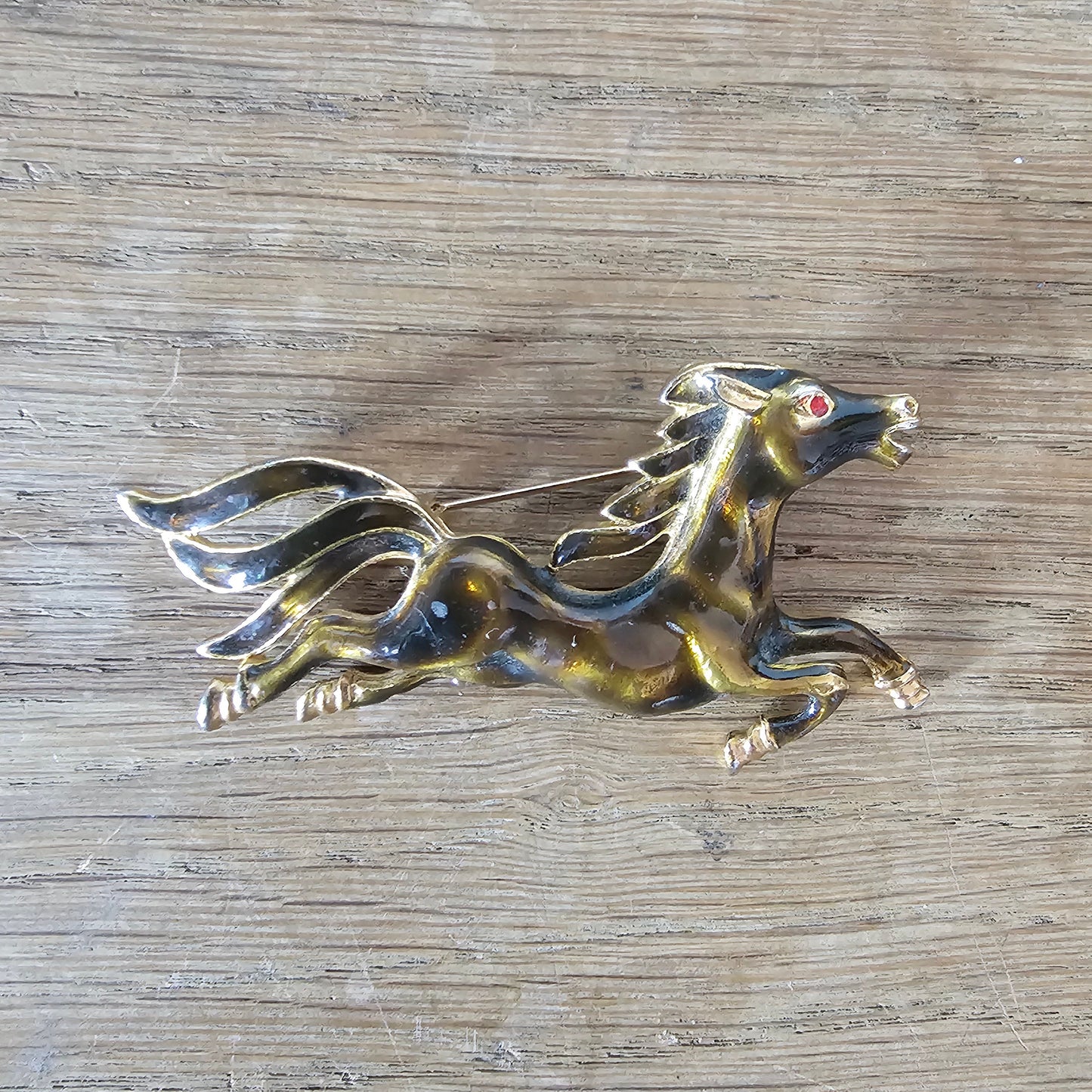1960s/70s gold-tone & brown enamel galloping horse brooch